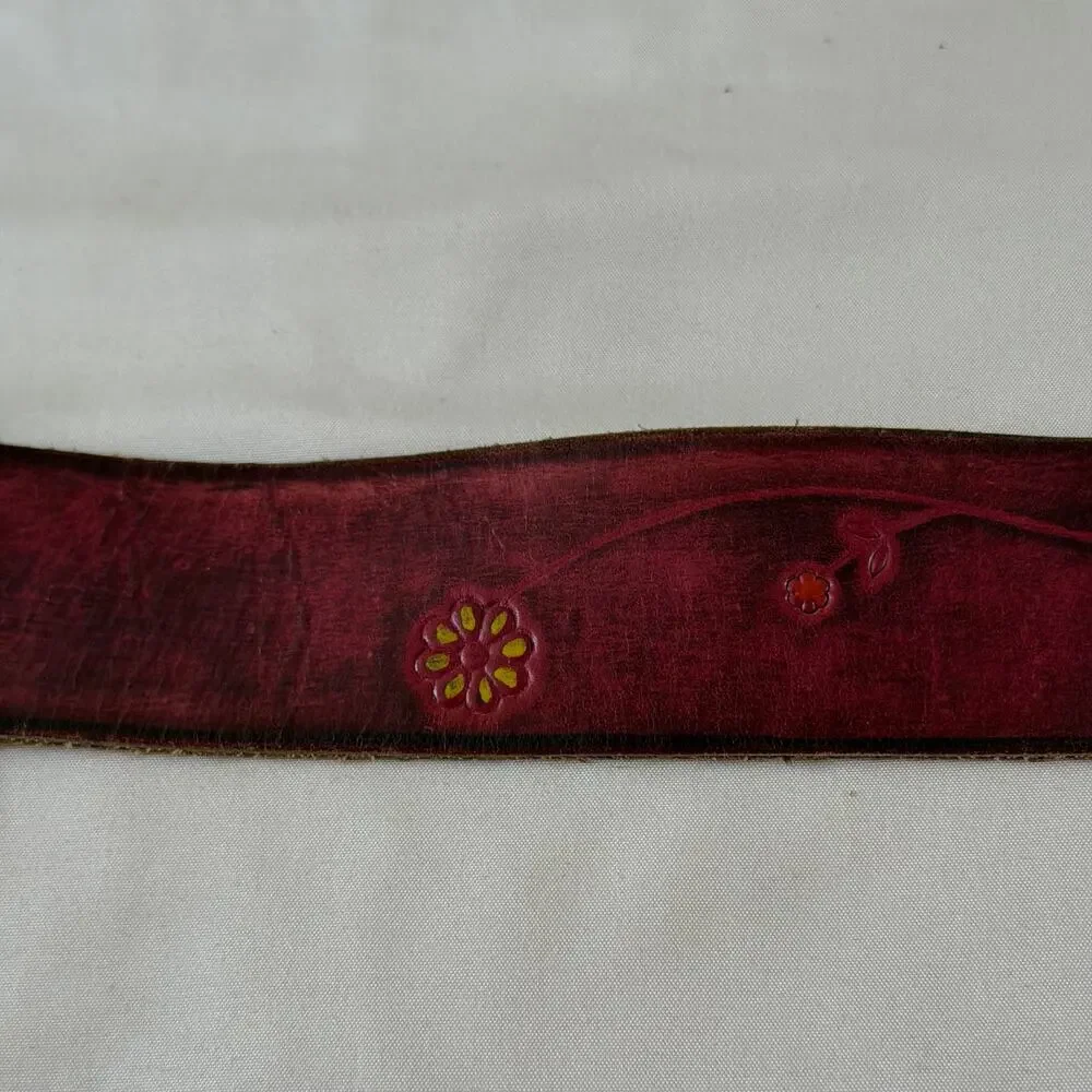 Pink Genuine Leather Floral Detail Belt Boho Artsy Sz 28 S